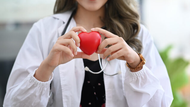 Smiling female doctor with stethoscope holding red heart. Cardio