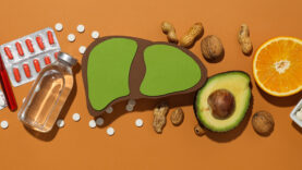 Paper mockup of liver, pills and food on orange background, top