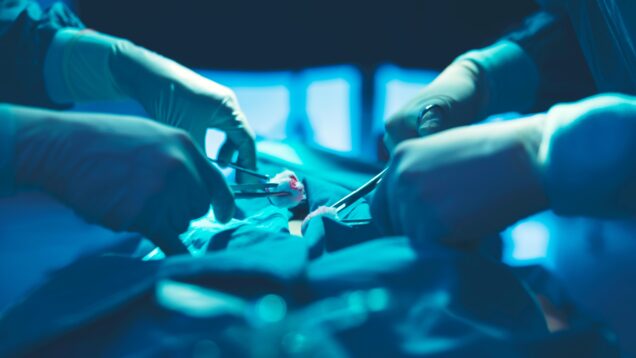 In a operating room, a doctor or medical team is performing a su